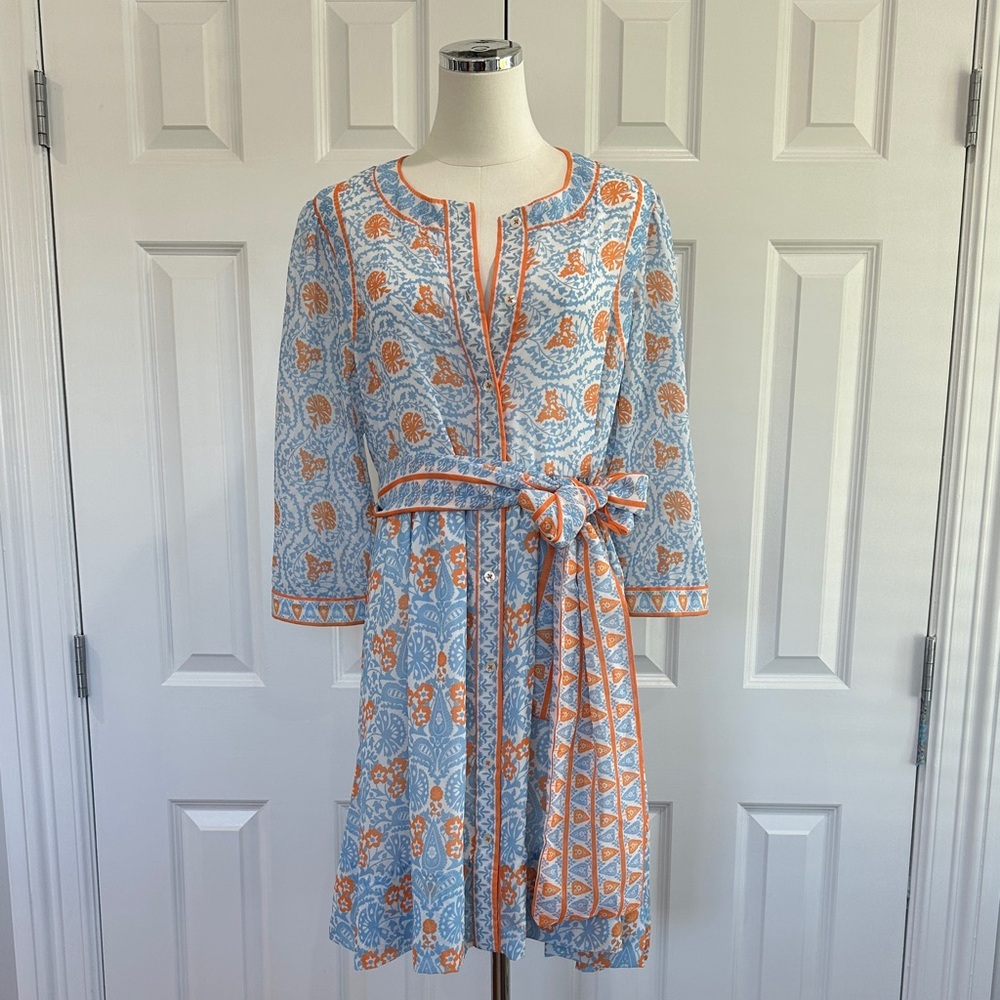 Gretchen Scott Designs Floral 3/4 Sleeve Shift Blue Orange Mini Dress Size XL